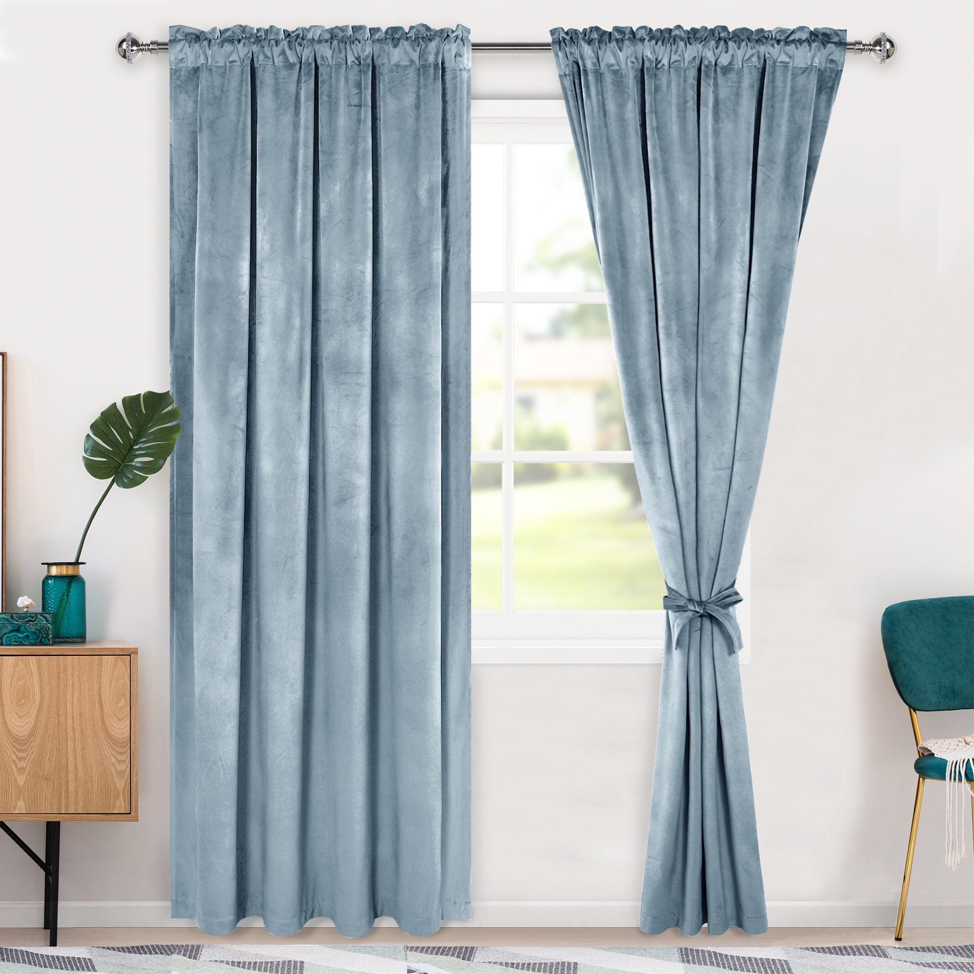 Hiasan Luxury Velvet Curtain with Tiebacks-Blackout Curtains for Bedroom/Living Room, Stone Blue, Rod Pocket, 52" x 72", Set of 2