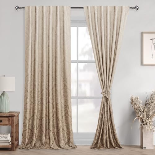 Hiasan Ombre Blackout Curtains for Bedroom 96 inches Length - Back Tab Elegant Damask Design Thermal Insulted Tieable Window Drapes Light Blocking Curtains for Living Room, 2 Panels, W52 x L96, Taupe