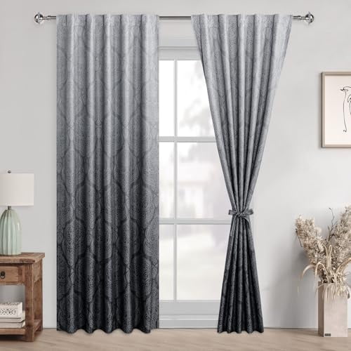 Hiasan Ombre Blackout Curtains for Bedroom - Back Tab & Rod Pocket Elegant Damask Design Thermal Insulted Window Drapes with Tiebacks Light Blocking Curtains, 2 Panels, W42 x L84, Black