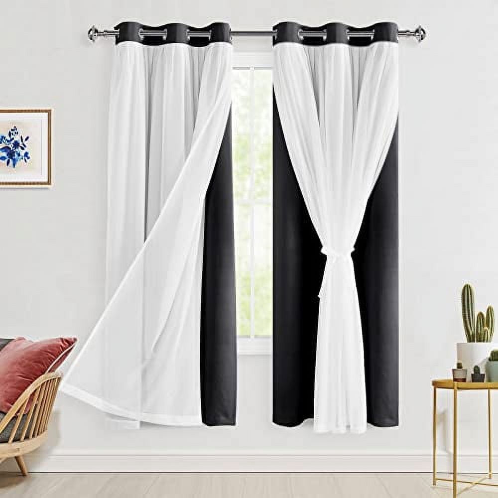 Hiasan Blackout Curtains with Sheer Overlay, Grommet Thermal Insulated Privacy Mix and Match Double Layer Window Curtains for Girls Bedroom, Living Room, 2 Drape Panels, Black, 42W X 63L