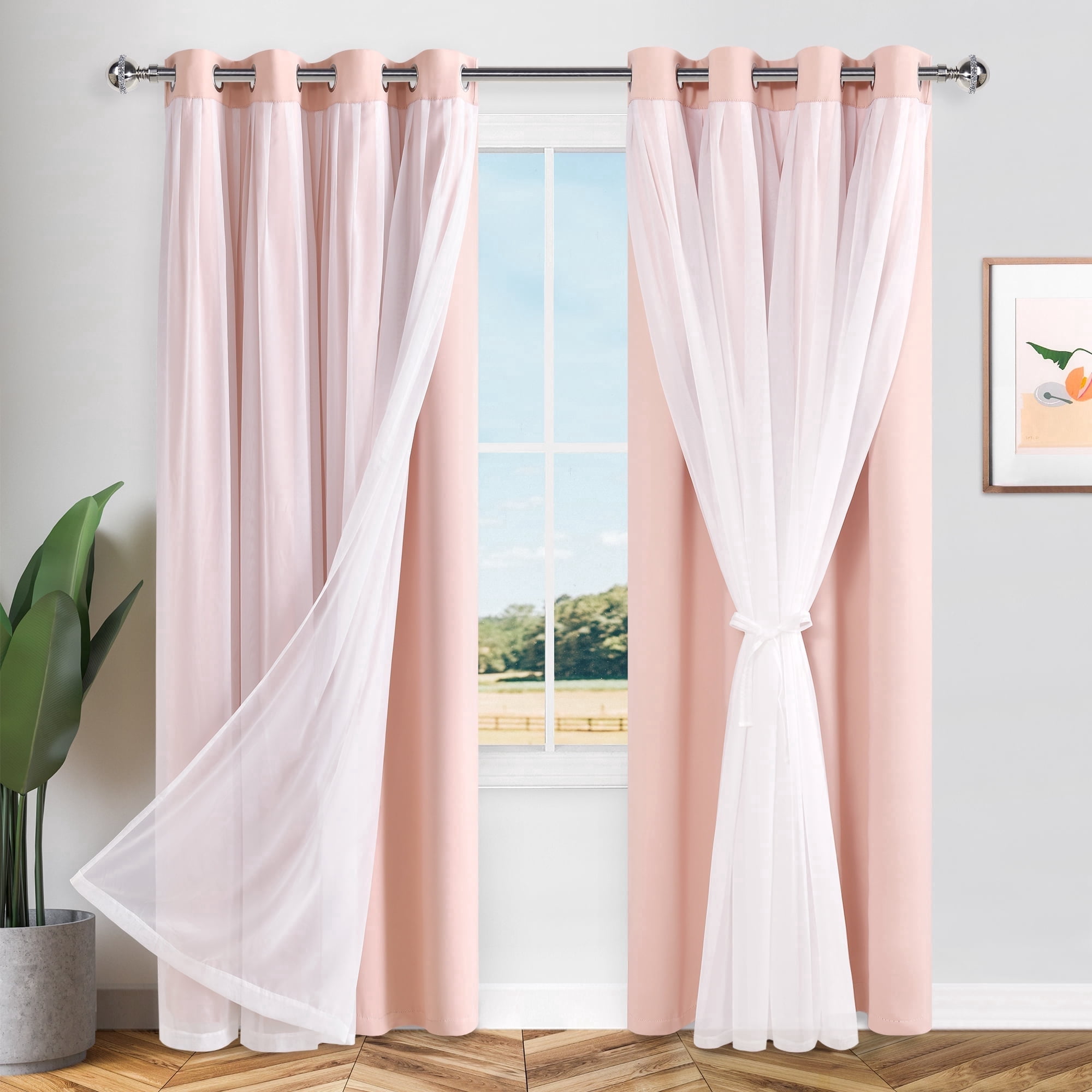 Hiasan Blackout Curtains with White Sheer Overlay, Double Layer Mix  Match Thermal Insulated Room Darkening Curtains for Girls Bedroom, 2 Window Panels with Tiebacks, Blush, 52W X 96L
