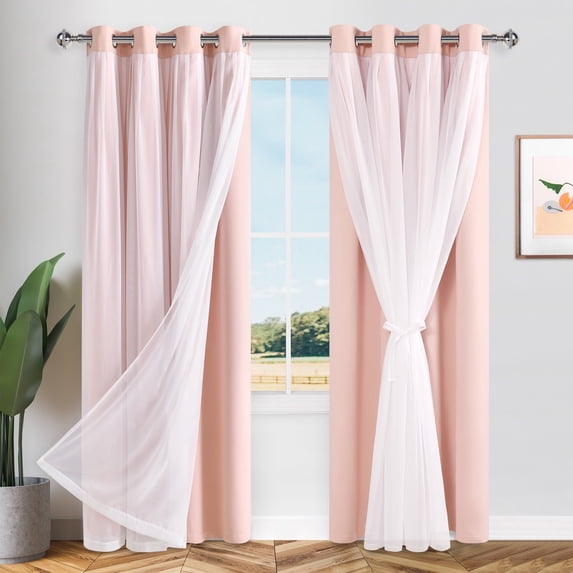 Hiasan Valentine's Day Blackout Curtains with White Sheer Overlay, Double Layer Mix Match Thermal Insulated Room Darkening Curtains for Girls Bedroom, 2 Window Panels with Tiebacks, Blush, 52W X 96L