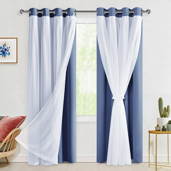 Hiasan Blackout Curtains with Sheer 84 Inches Long, Grommet Thermal Insulated Mix & Match Double Layer Window Curtains for Bedroom, Living Room, 2 Drape Panels with Tiebacks, Dust Blue, 52W X 84L