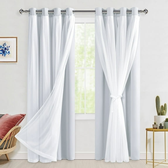 Hiasan Greyish White Blackout Curtains with Sheer Overlay, Grommet Thermal Insulated Mix & Match Double Layer Window Curtains for Bedroom, Living Room, 2 Drape Panels Swen with Tiebacks, 52W X 84L