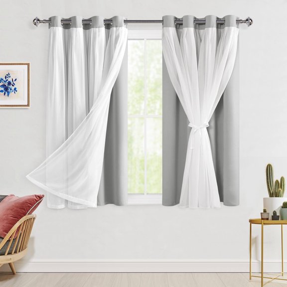 Hiasan Blackout Curtains with Sheer Overlay, Thermal Insulated Privacy Double Layer Mix & Match Window Curtains for Girls Bedroom, Living Room, 2 Drape Panels with Tiebacks, Silver Grey, 52W X 54L