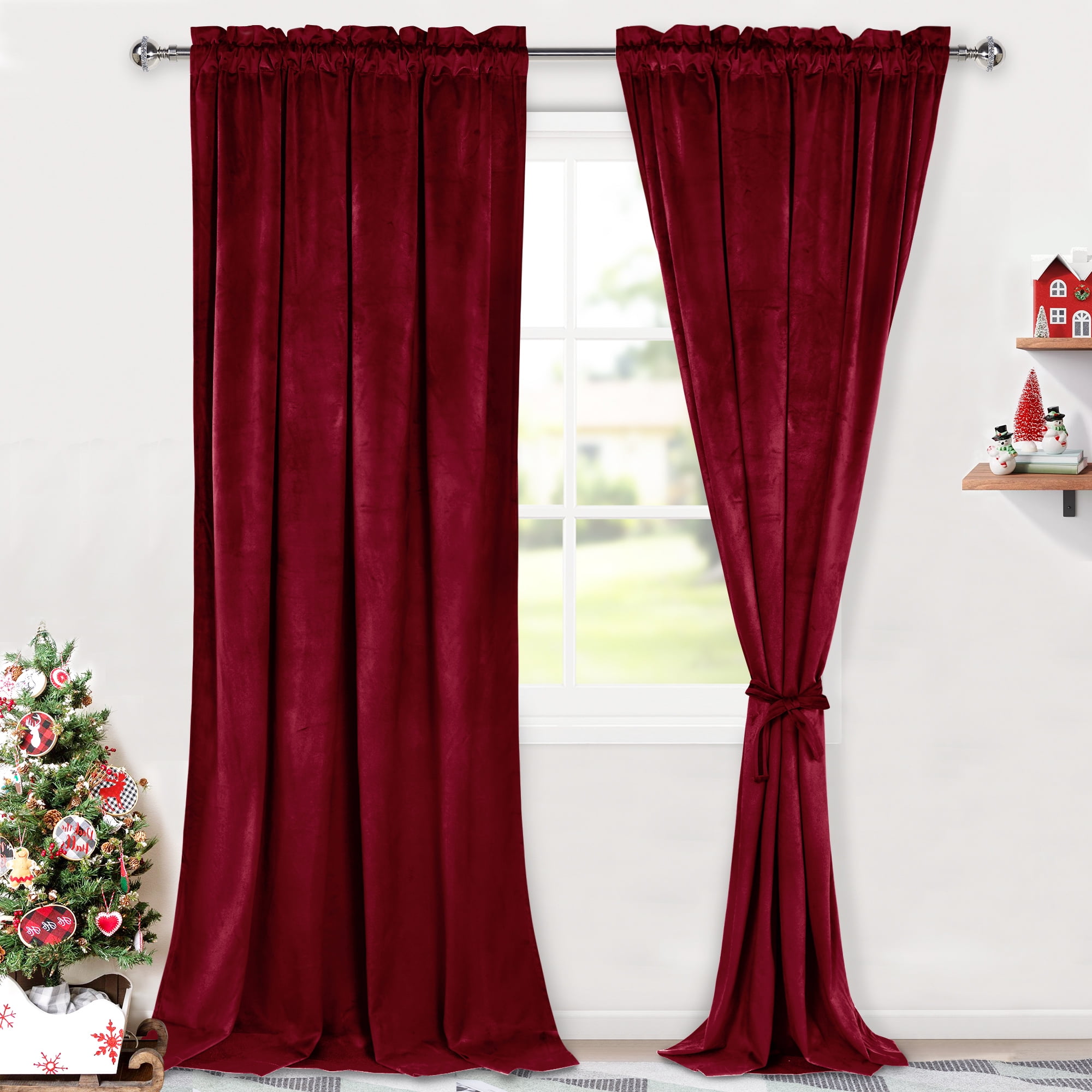 Hiasan Luxury Velvet Curtain with Tiebacks-Christmas Blackout Curtains for Bedroom/Living Room, Rod Pocket, Wine Red, 52" x 96", Set of 2