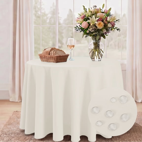 Hiasan Round Tablecloth 108 Inch - Waterproof Stain Resistant Spillproof Polyester Fabric Table Cloth for Dining Room Kitchen Party, Ivory