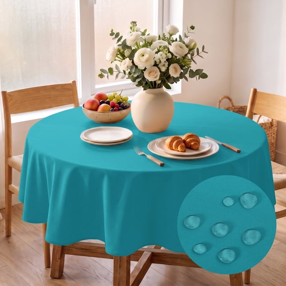 Hiasan Round Tablecloth 60 Inch - Waterproof Stain Resistant Spillproof Polyester Fabric Table Cloth for Dining Room Kitchen Party, Turquoise