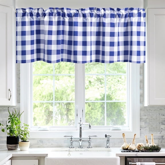 Hiasan Royal Blue and White Buffalo Plaid Kitchen Valance Curtains, - Semi Sheer Rod Pocket Checkerd Cafe Valance for Farmhouse Window, 52" x 18", 1P