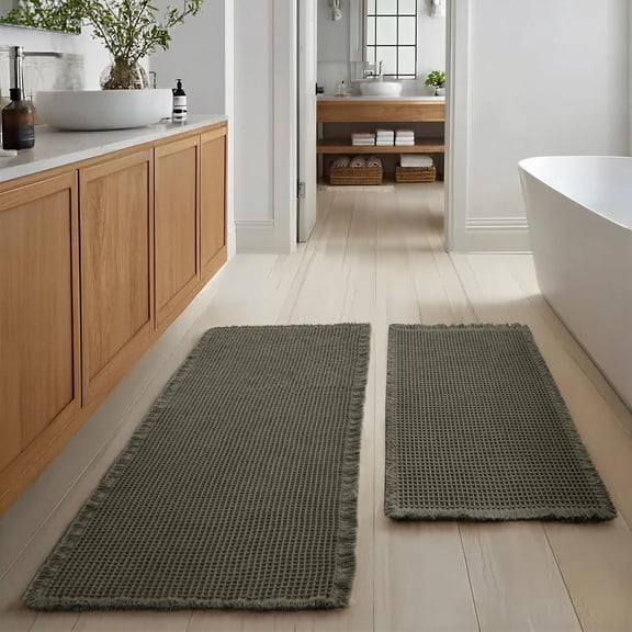 Hiasan Set of 2 Farmhouse Waffle Bathroom Mats Non Slip Absorbent Quick Dry Washable Bath Rugs Ultra Soft Floor Carpets for Bathtub Shower, 20"x32"+24"x48", Olive Green