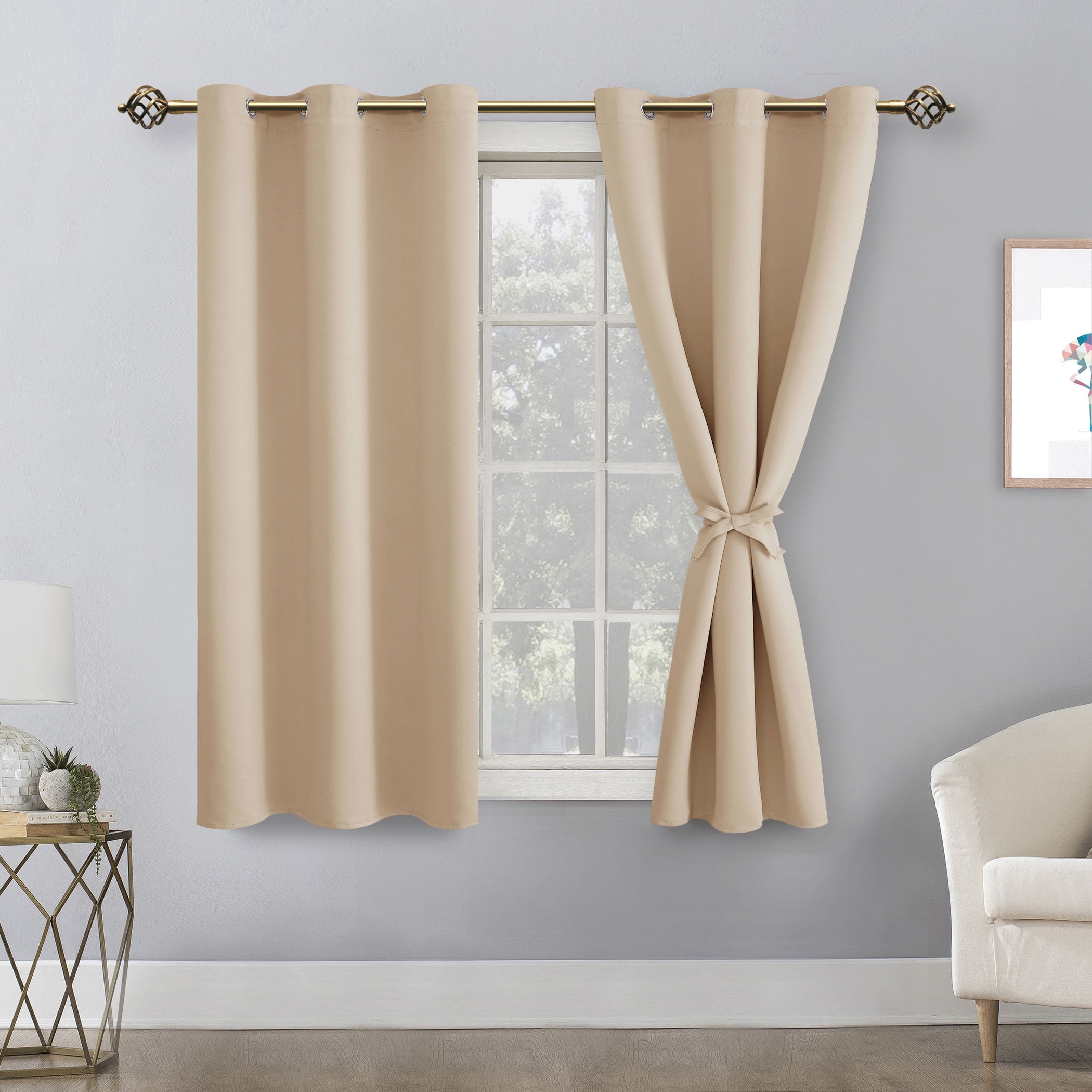 Hiasan Short Blackout Curtains for Bedroom - Thermal Insulated & Energy Saving Window Curtains for Living Room, 2 Drape Panels Sewn with Tiebacks, Beige, 42 x 45 Inch