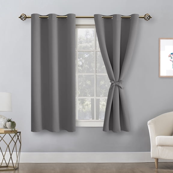 Hiasan Short Blackout Curtains for Bedroom - Thermal Insulated & Light Blocking Window Curtains for Living Room, 2 Drape Panels Sewn with Tiebacks, Light Grey, 42 x 45 Inch