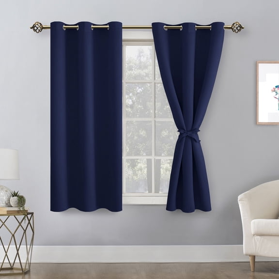 Hiasan Short Blackout Curtains for Bedroom - Thermal Insulated & Light Blocking Window Curtains for Living Room, 2 Drape Panels Sewn with Tiebacks, Navy Blue, 42 x 45 Inch