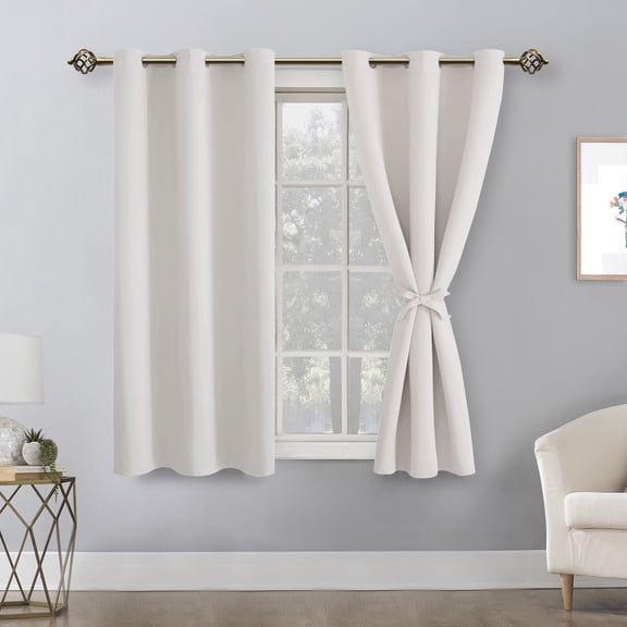 Hiasan Short Blackout Curtains for Bedroom - Thermal Insulated & Light Blocking Window Curtains for Living Room/Kids Room, 2 Drape Panels Sewn with Tiebacks, Ivory, 42 x 45 Inch