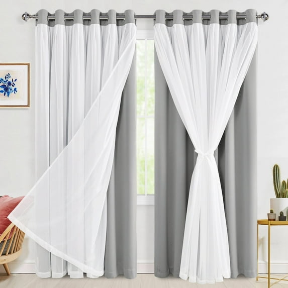 Hiasan Silver Grey Blackout Curtains with Sheer 84 Inches Long, Thermal Insulated Double Layer Room Darkening Curtains for Bedroom, Living Room, 2 Window Drape Panels with Tiebacks, 70W X 84L