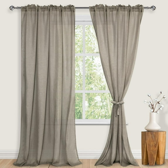 Hiasan Taupe Rod Pocket Linen Sheer Curtains With Tiebacks, Textured Light Filtering Semi Transparent Sheer Drapes for Living Room, Bedroom, 52 x 96 inches Long, 2 Panels