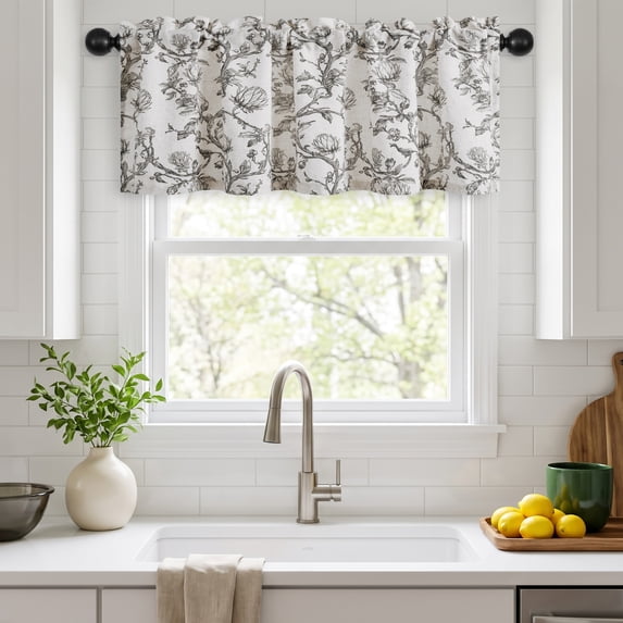 Hiasan Thick Textured Linen Floral Valance for Kitchen Living Room Bedroom Window, Rod Pocket French Farmhouse Light Filtering Valance Curtain, Black on Protea Line, 52 x 14 Inches, 1 Panel
