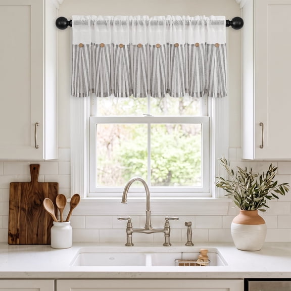 Hiasan Valance Curtain Striped Linen Button-Trim Valance, 42W x 18L, Light-Filtering & Semi-Sheer Farmhouse Rod Pocket Window Treatment for Kitchen, Cafe, Bedroom, Living Room, Grey, 1 Panel
