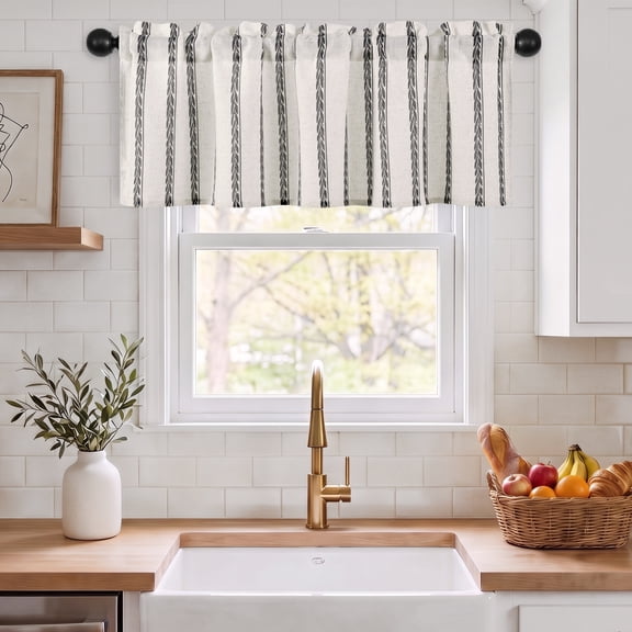 Hiasan Valance Curtains for Kitchen, Farmhouse Linen Striped Rustic Rod Pocket Window Valance for Living Room Bedroom, 52 x 14 Inch Valance, Wheat Stripe Grey, 1 Panel