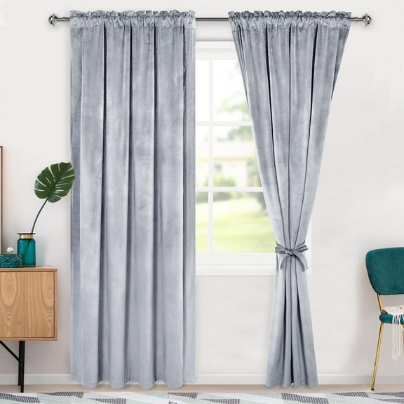 Hiasan Luxury Velvet Curtain with Tiebacks-Blackout Curtains for Bedroom/Living Room, Rod Pocket, Silver Grey, 52" x 84", Set of 2