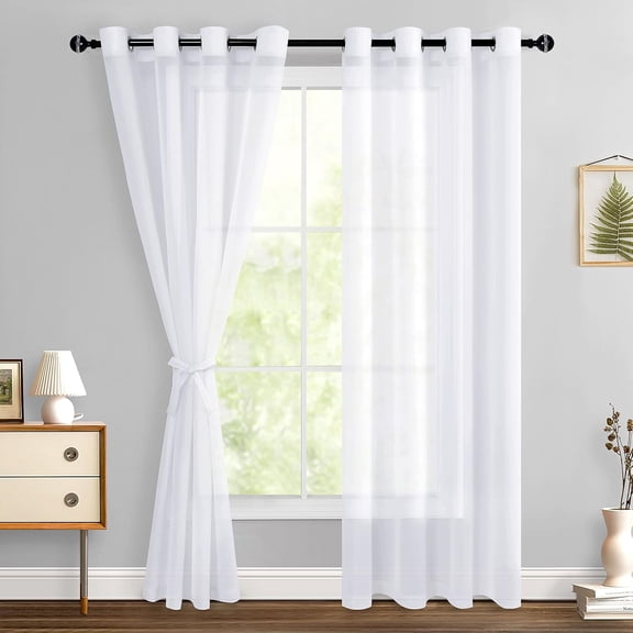 Hiasan White Sheer Curtains 84 inch Long with Grommet-Light Filtering Contemporary Window Drapes with Tie-backs for Living Room, Bedroom, 52" x 84", 2 Panels Set