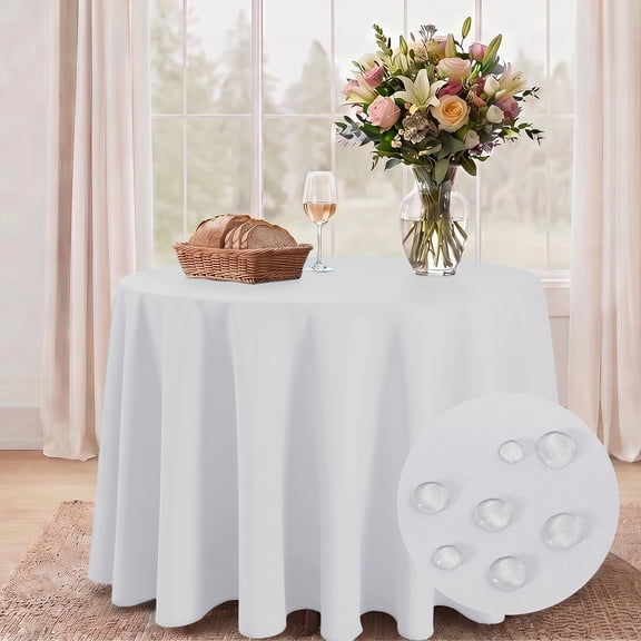 Hiasan White Round Tablecloth 120 Inch - Waterproof Stain Resistant Spillproof Polyester Fabric Table Cloth for Dining Room Kitchen Party