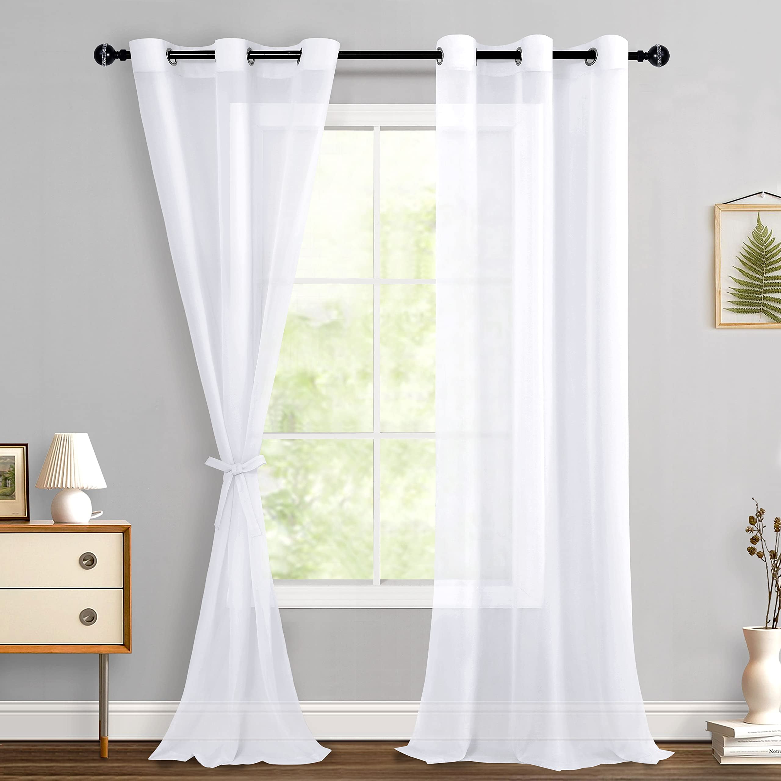 Hiasan White Sheer Curtains with Tiebacks-Light Filtering Contemporary Window Drapes for Living Room, Bedroom, Grommet, 42" x 96", Set of 2