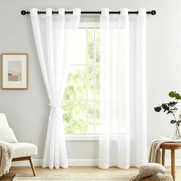 Hiasan White Sheer Curtains with Tiebacks-Light Filtering Contemporary Window Drapes for Living Room, Bedroom, Grommet, 52" x 96", Set of 2