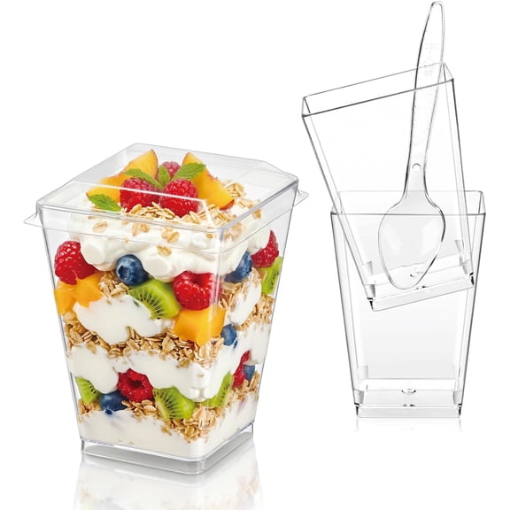 Hiasobre 50Pack 5oz Plastic Dessert Cups with Lids and Spoons, Reusable Clear Parfait Appetizer Cups, Square Party Shooter Serving Cup, Mini Dessert Shot Glasses for Tasting