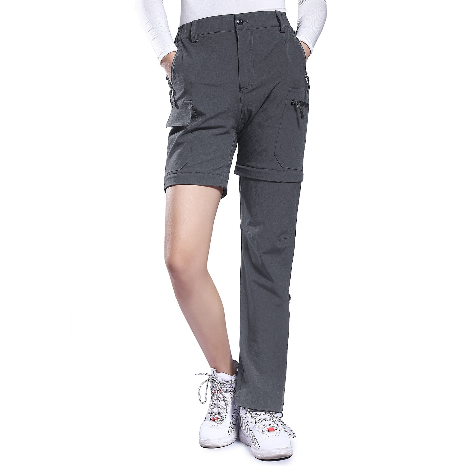Hiauspor Convertible Pants for Women Zip Off Cargo Hiking Capri Stretch Quick Dry Light Grey M
