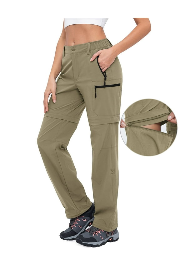 Convertible Pants for Women Zip off Cargo Hiking Capri Stretch Quick Dry Khaki L
