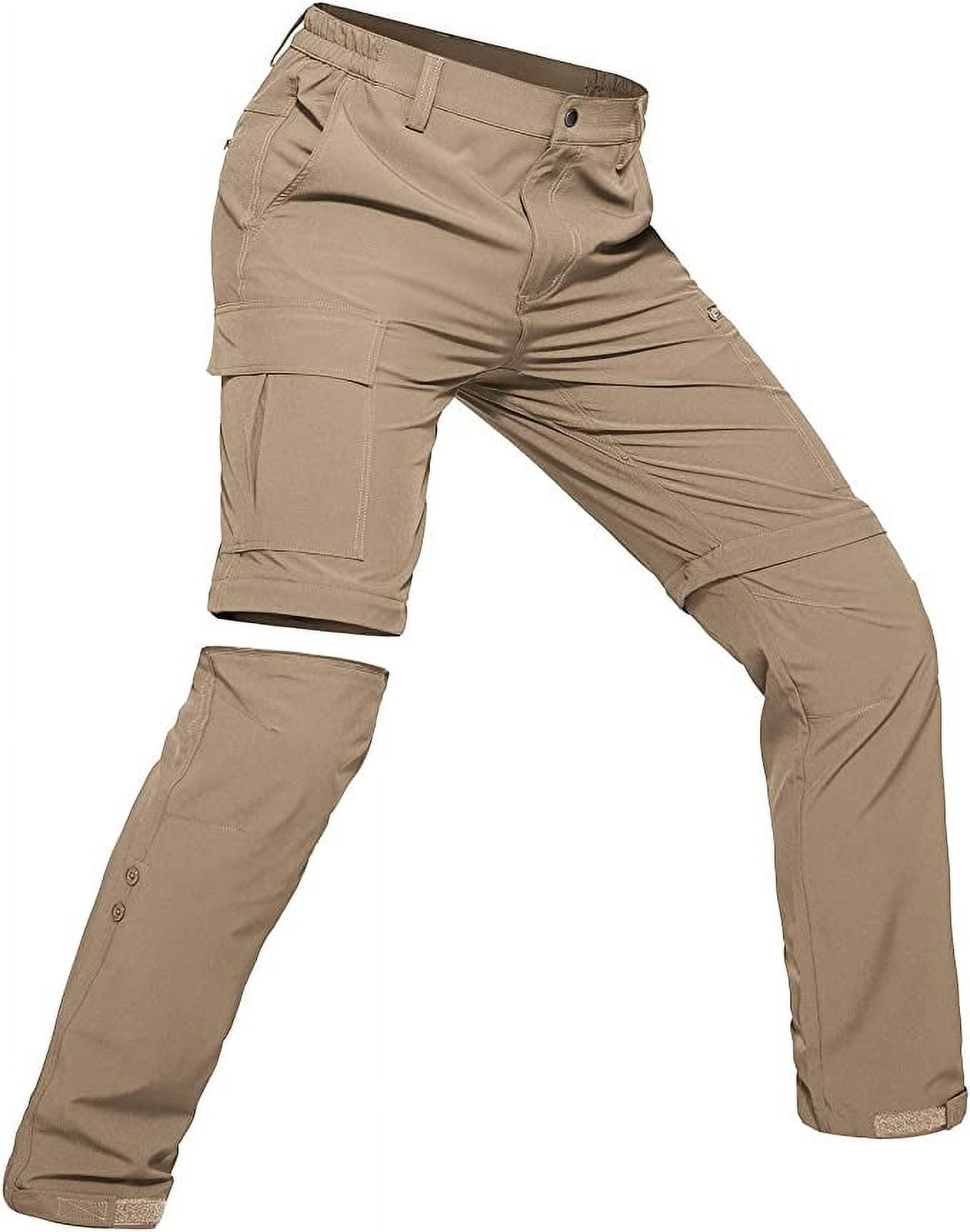 Hiauspor Hiking Cargo Pants for Men Convertible Zip Off with 5 Deep Pockets Elastic Waist Khaki
