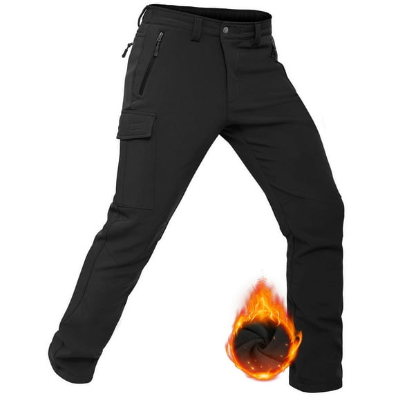Hiauspor Men's Fleece Lined Hiking Pants Waterproof Snow Ski Softshell Hunting Pants Black 3XL