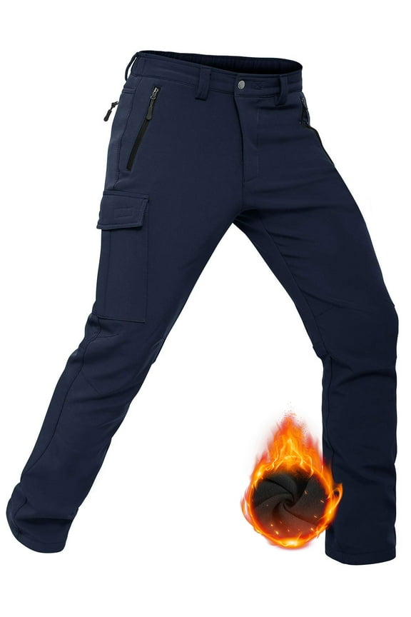 Men's Fleece Lined Hiking Pants Waterproof Snow Ski Softshell Hunting Pants Navy 3XL