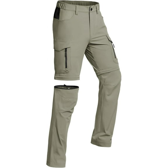 Hiauspor Convertible Hiking Cargo Work Pants Elastic Waist with 6 Pockers Green L