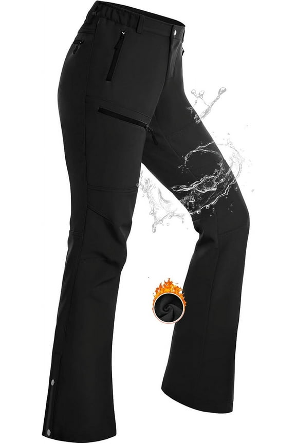 Womens Snow Ski Pants Fleece Lined Insulated Flare for Hiking Winter Outdoor Black L