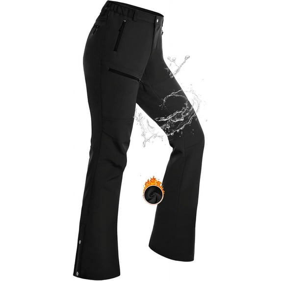 Hiauspor Womens Snow Ski Pants Fleece Lined Insulated Flare for Hiking Winter Outdoor Black XXL