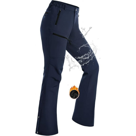 Hiauspor Womens Snow Ski Pants Fleece Lined Insulated Flare for Hiking Winter Outdoor Navy XL