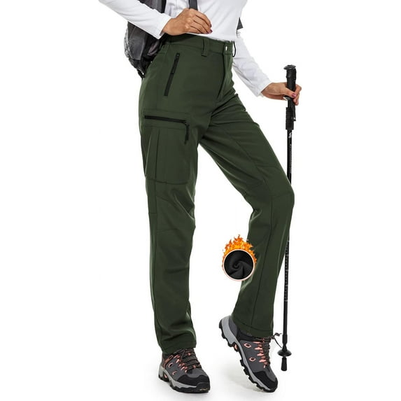 Hiauspor Womens Water Repellent Fleece Snow Ski Winter Pants with Pockets for Hiking Camping Fishing Outdoor Green XL