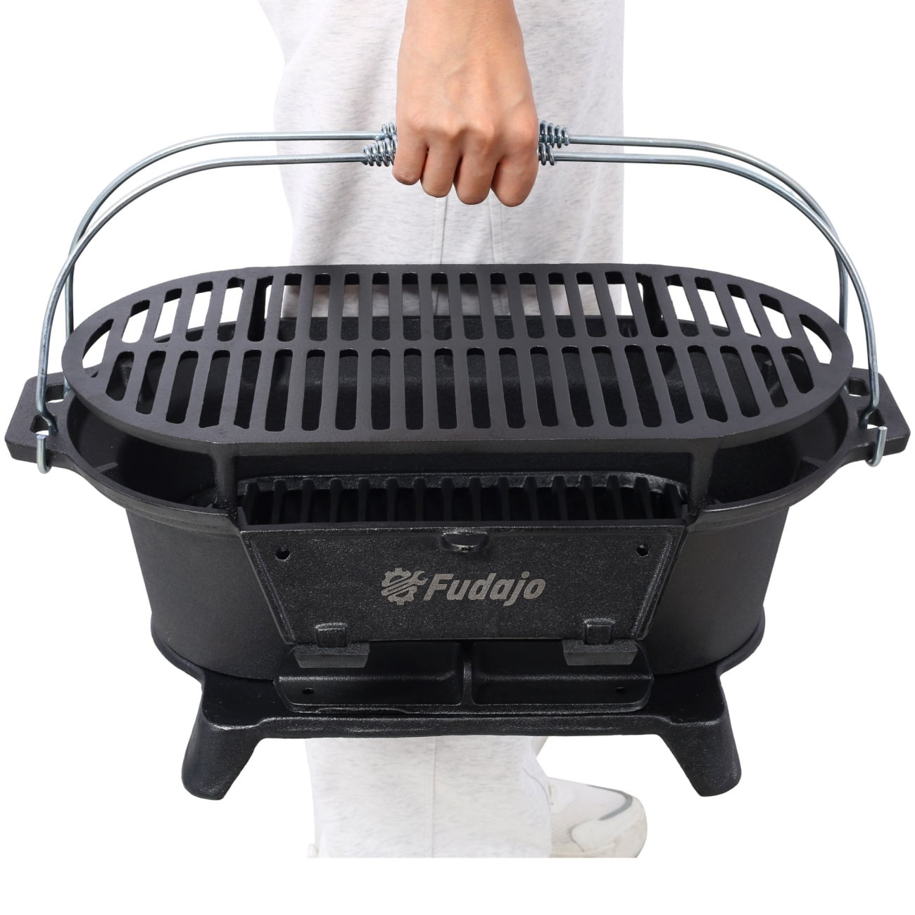 Hibachi Grill, 20" Portable Cast Iron Outdoor Tabletop Grill, Handled Mini Japanese BBQ Charcoal Stove, Small Durable Camping Cast Iron Grill with Grate Hook