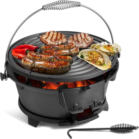 Hibachi Grill, Cast Iron, Tabletop Small Portable Charcoal Grill for Outdoor Camping - 2 Heights, Air Control, Coal Door, for 2 People