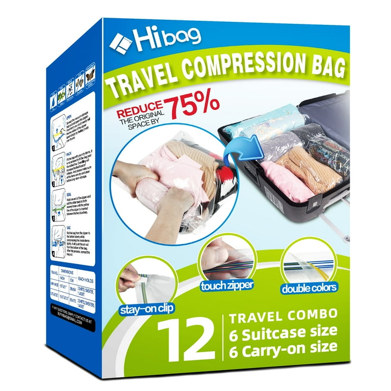 Hibag 12 Travel Compression Bags, Hibag 12-Pack Roll-up Space Saver Storage  Bags for Travel, Suitcase Size (12-Travel)