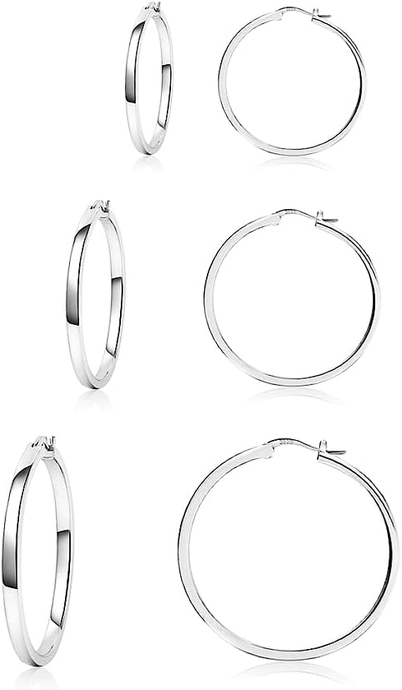 HIBALALA 925 Sterling Silver Hoop Earrings, Lightweight, Hypoallergenic, 20mm, 30mm, 40mm, 3 Pairs