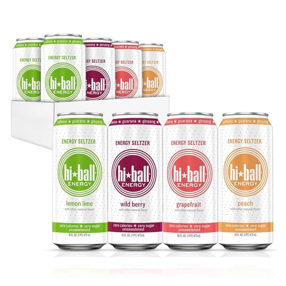HiBall Clean Energy Drink, Zero Sugar Caffeinated Seltzer Water, Variety Pack 16oz, 8 pack