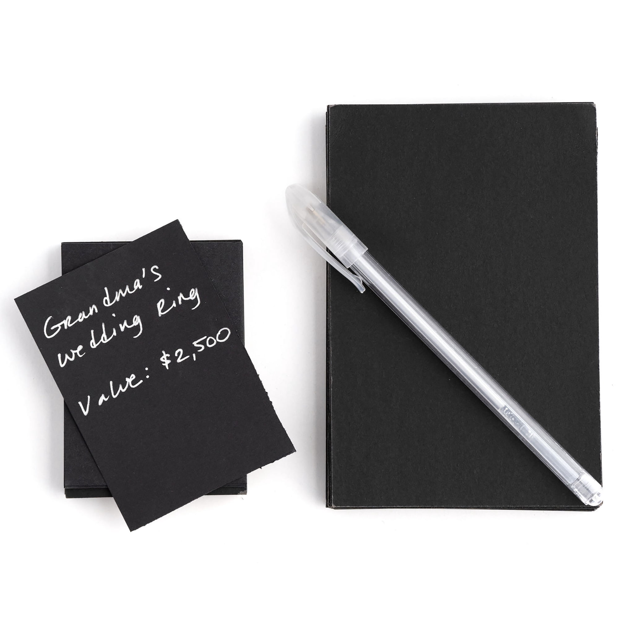 Hibana: Notecards & Pen - 50 Small & 45 Large Black Notecards, Silver Ink Pen, Fits Hibana Jewelry Storage Pocket Pages, Document Origin & Value