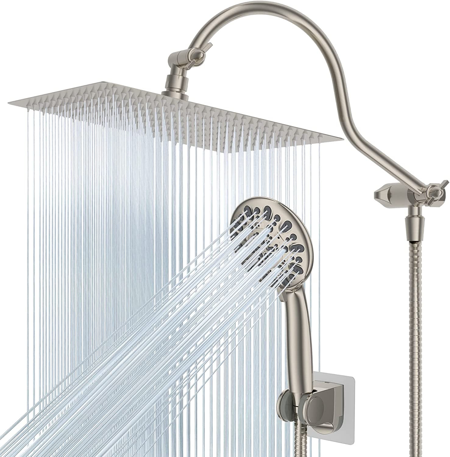 Hibbent 12'' All Metal Shower Head, High Pressure Rainfall Shower Head/Handheld Showerhead Combo/ 12'' Adjustable Curved Shower Extension Arm, 7-Spray,71'' Adhesive Showerhead Holder, Brushed Nickel