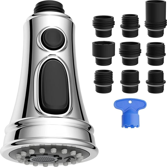 Hibbent Kitchen Faucet Head Replacement, Pull Down Faucet Spray Head, 3 Function Kitchen Faucet Sprayer Nozzle with 9 Adapters Compatible with Moen, American Standard, Delta, Kohler Faucets, Chrome