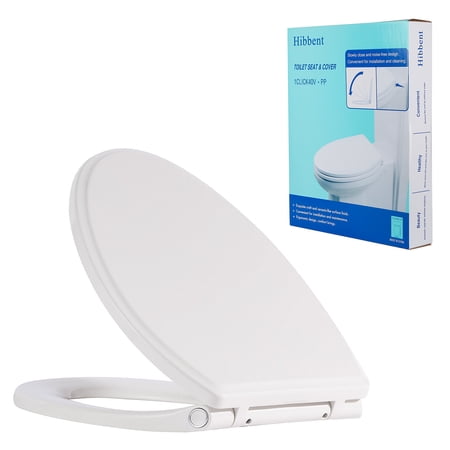 Hibbent Elongated Premium Toilet Seat with Quiet Close Cover: One-Click Quick Release, Non-Slip Bumpers, Slow Close, & Easy Cleaning - White