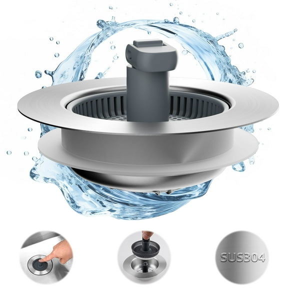 CADOVE Upgraded 3 in 1 Kitchen Sink Drain Strainer and Stopper Combo, Stainless Steel Metal Pop Up Sink Stopper, Anti-Clogging Basket Strainer with Foldable Handle for US Standard 3-1/2 Inch Drain