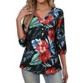 thumbnail image 1 of Hibeli Hawaiian Shirts for Women Tropical Floral Print V Neck 3/4 Sleeve Top Blouses Vacation Outfits, 1 of 6
